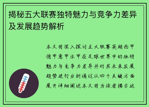 揭秘五大联赛独特魅力与竞争力差异及发展趋势解析