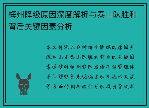 梅州降级原因深度解析与泰山队胜利背后关键因素分析